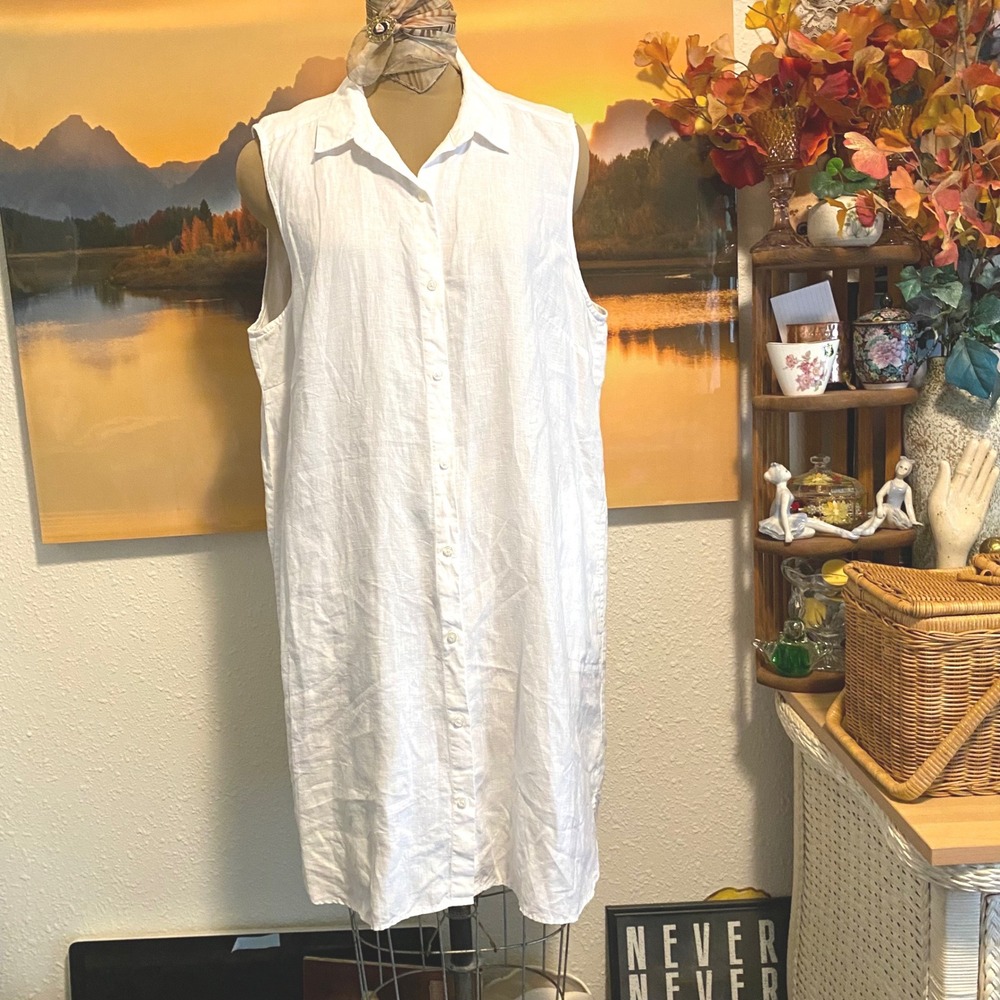 Pure Navy Shirt Dress Lagenlook Coastal 100% Linen Button Down XL White pockets